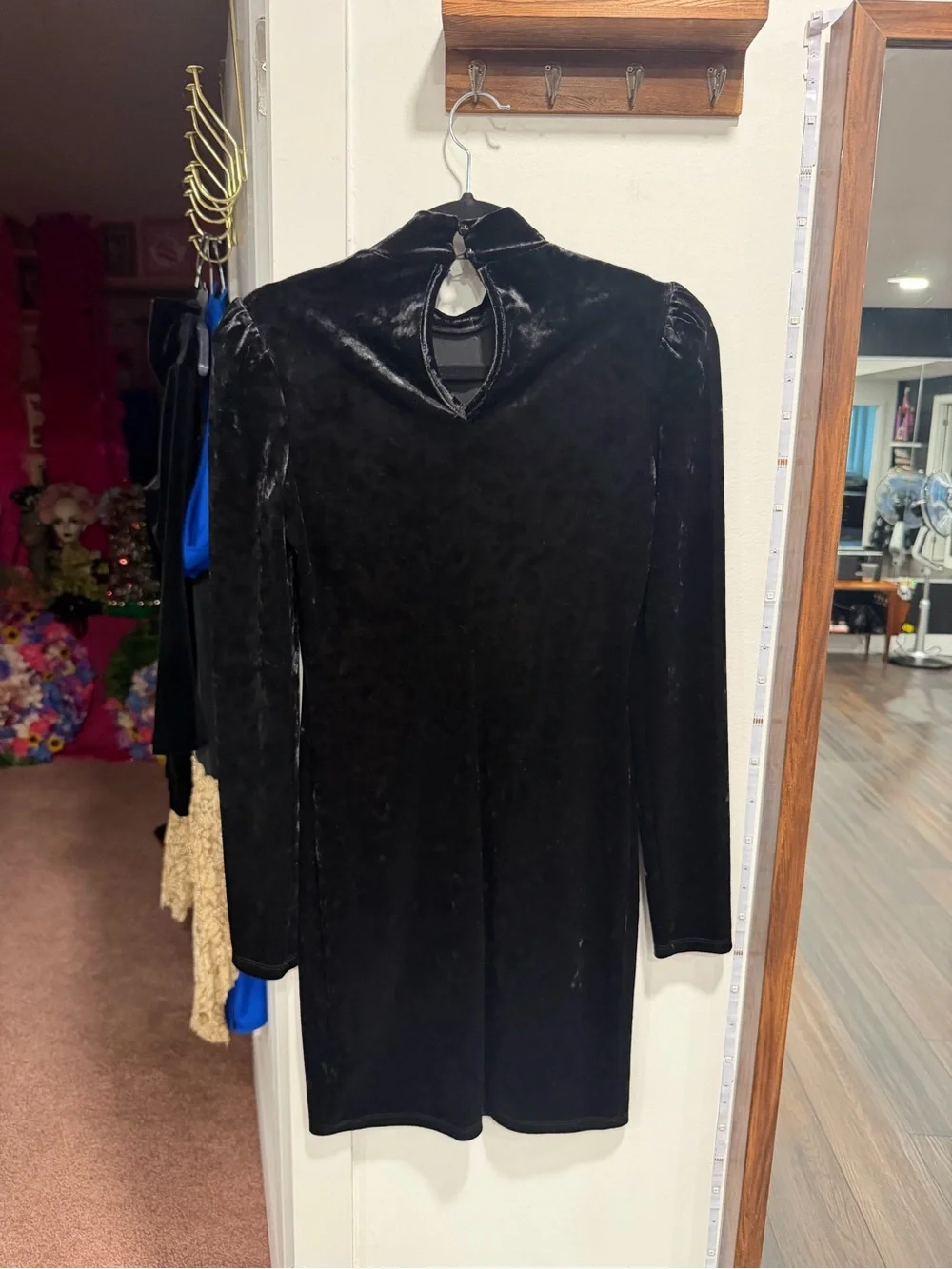 Black Velvet Long-Sleeve Puff-Shoulder Dress